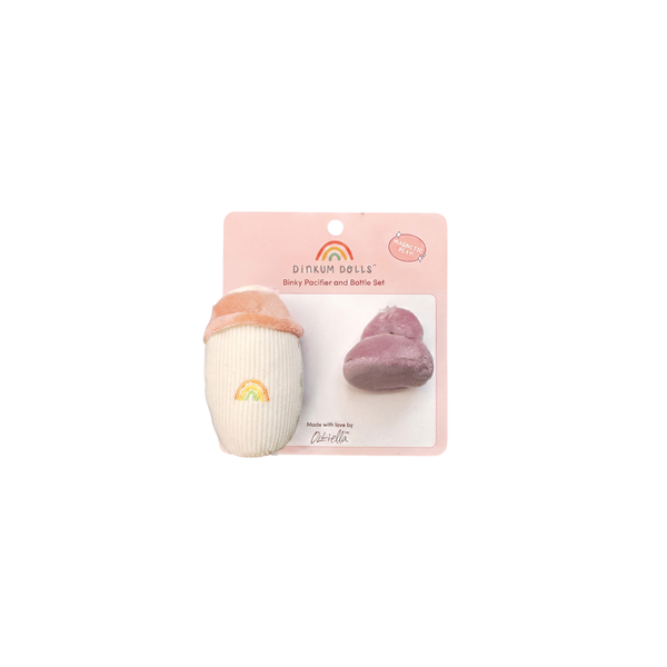 Dinkum Dolls by Olli Ella magnetic bottle and pacifier set in pink packaging, featuring a cream bottle with rainbow detail and mauve pacifier