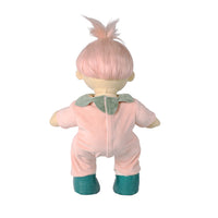 Back view of a plush doll with pink hair in a top bun, wearing a light pink one-piece outfit with a sage green collar and teal shoes, on a white background.