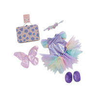 Dinkum Dolls fairy dress-up set with a sparkly purple bodysuit, pastel tulle tutu, butterfly wings, floral headband, purple shoes and carry case
