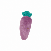 Purple plush magnetic carrot toy with a teal leafy top and embroidered details, designed for Dinkum Unicorns and Dinkums by Dinkum Pets