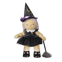 Dinkum Dolls by Olli Ella doll dressed as a witch in a black starry dress and pointed moon hat, holding a broom for Halloween play.