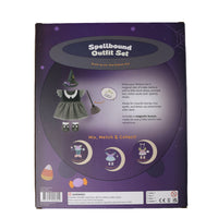 Back of Dinkum Dolls by Olli Ella Spellbound dress up set packaging showing a witch costume with pointed hat broom frilly dress and doll accessories