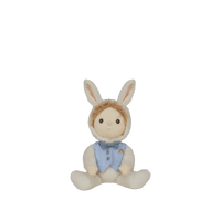 Dinky Dinkums Biffle Bunny doll seated with soft cream fur, long bunny ears, embroidered face, and a blue vest with a colorful rainbow detail