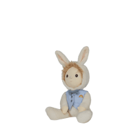 Dinky Dinkums Biffle Bunny plush doll seated in a blue outfit with long floppy ears soft cream fur and a colorful rainbow detail