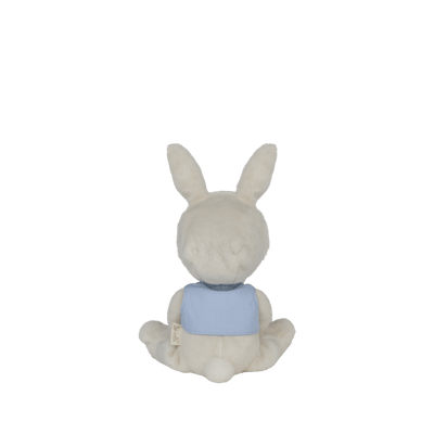 Back view of Dinky Dinkums Biffle Bunny plush doll seated in a cream body with long ears and a removable pale blue outfit against a plain background