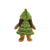 Plush doll with long dark brown hair and embroidered brown eyes, dressed as a Christmas tree in a green tiered, scalloped dress with gold wavy stitching and red and yellow bauble dots, a matching hood topped with a gold star, and gold velvet boots.