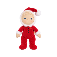 A plush baby doll dressed in a red Santa suit with a white faux-fur-trimmed hood and hat, standing against a plain white background.