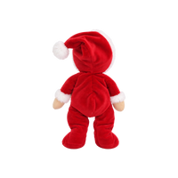 A plush toy figure viewed from the back, wearing a red Santa-style hooded outfit with white faux-fur trim and a red hat with a white pom-pom, on a plain white background.