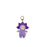 Purple plush keychain with a character design on a white background