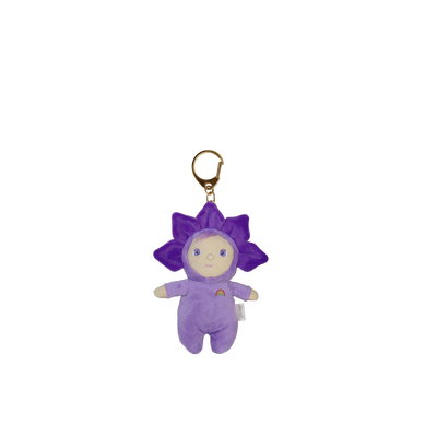 Purple plush keychain with a character design on a white background