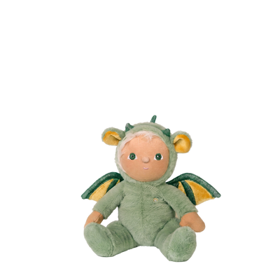 Plush toy dragon with a baby face on a white background