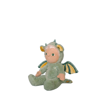 Plush toy dragon with a baby face on a white background