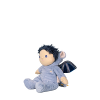 Plush toy with dark hair and butterfly wings on a white background