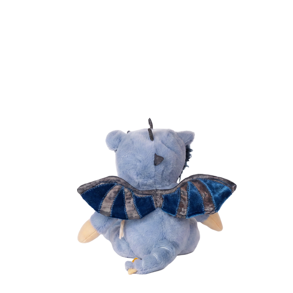 Plush toy bat with a blue and brown wing design on a white background