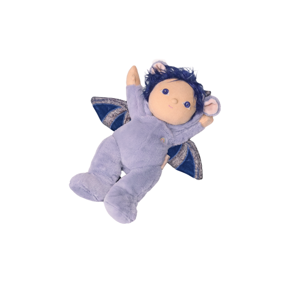 Plush toy dragon with blue hair on a white background
