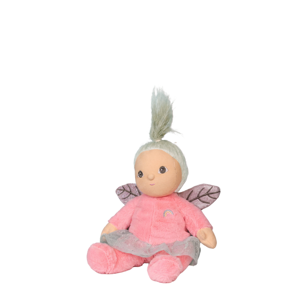 Plush toy fairy with pink outfit and wings on a white background
