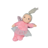 Plush toy fairy with pink outfit and gray wings on a white background