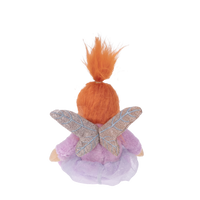 Small fairy figurine with orange hair and purple dress on a white background