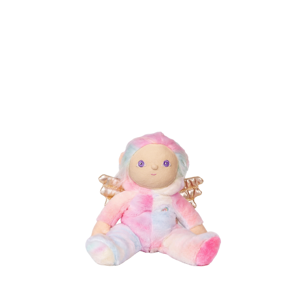Plush toy angel with pink and white outfit on a white background