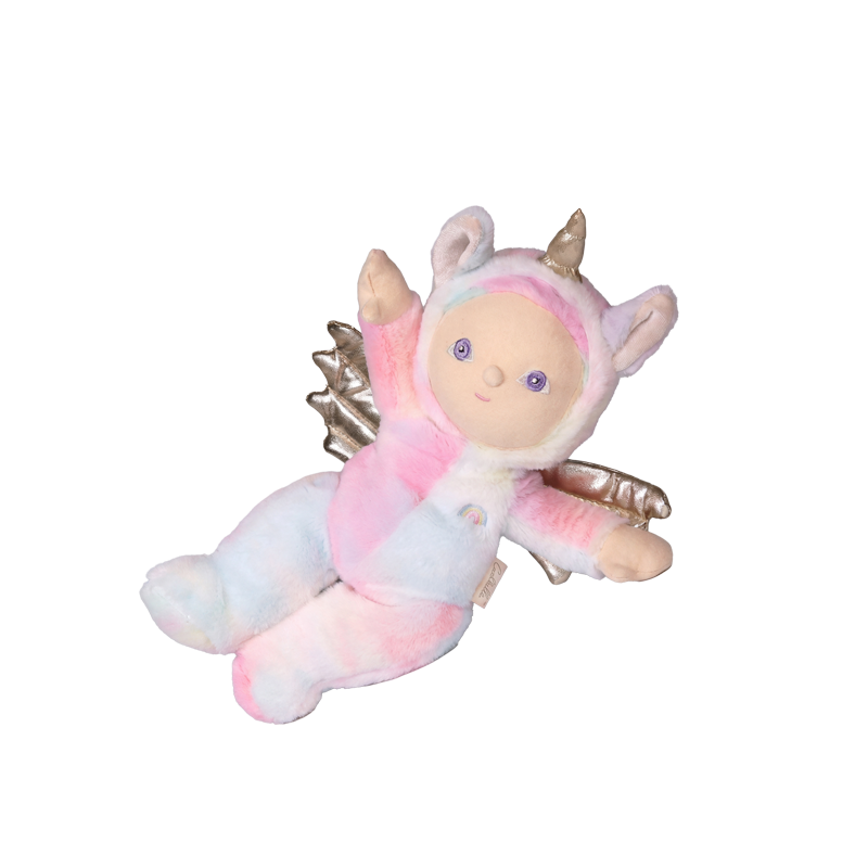 Dinky Dinkums Yara Unicorn plush doll in pastel pink and blue, with a golden horn, soft wings, embroidered face, and rainbow detail on its chest.