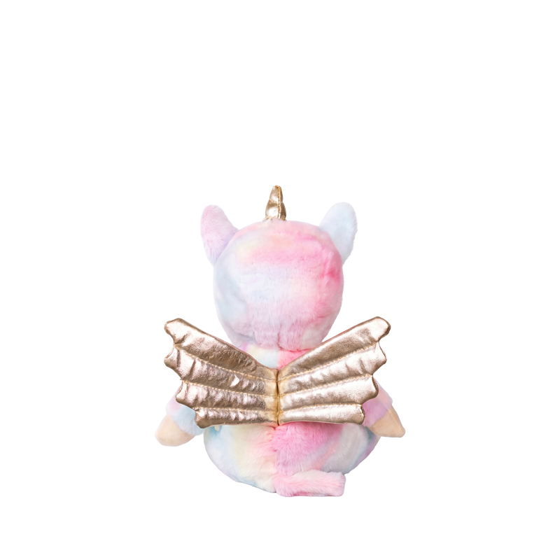 Back view of Dinky Dinkums Yara Unicorn plush doll with pastel pink and blue fur, a golden horn, soft ears, metallic gold wings, and a fluffy tail