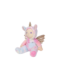 Plush toy in a unicorn costume with pink and gold accents on a white background