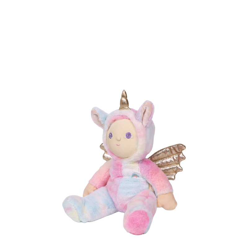 Dinky Dinkums Yara Unicorn plush doll seated with a soft pink and blue body, golden horn, pastel ears, purple eyes, and shimmering wings
