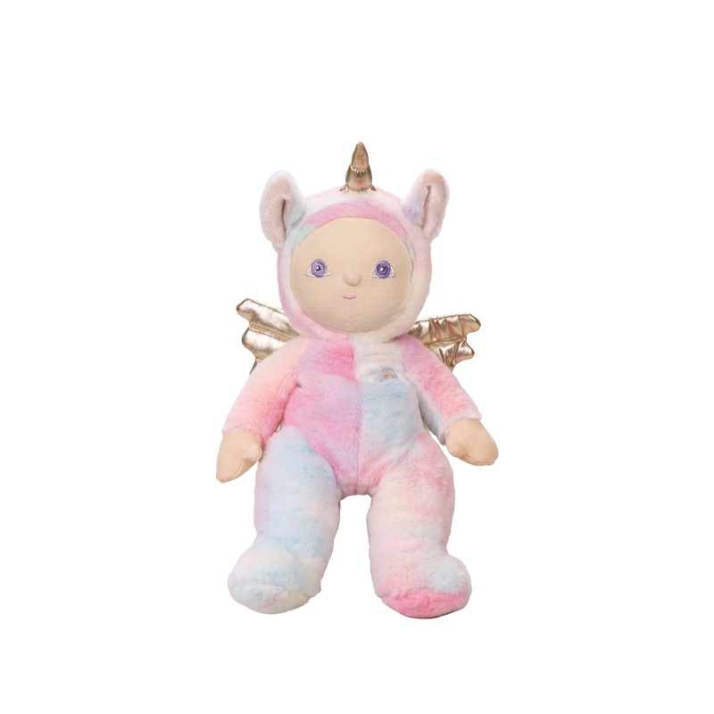 Pink and blue pastel unicorn plush doll with a soft body, golden horn, wings, and embroidered face, from Dinky Dinkums for cuddly play and gifting