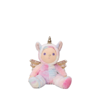 Plush toy resembling a unicorn with pink and white colors on a white background