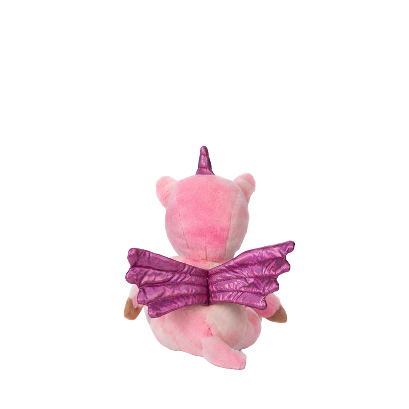 Back view of Yuna Unicorn, a pink plush toy with a purple winged cape and soft tail, from Dinky Dinkums for imaginative play and cuddles