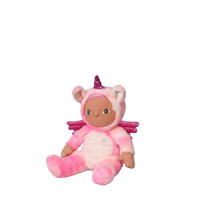Plush toy with a pink unicorn costume on a white background