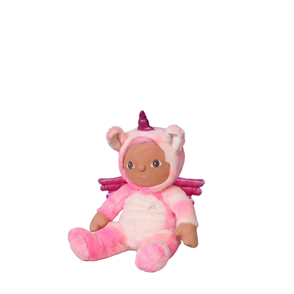 Plush toy with a pink unicorn costume on a white background