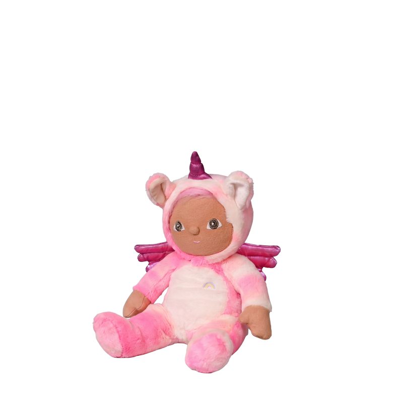 Pink Yuna Unicorn plush doll from Dinky Dinkums, seated with a soft pastel body, rainbow detail, horn, ears, wings, and a friendly embroidered face
