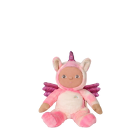 Plush toy baby doll in a pink unicorn costume on a white background