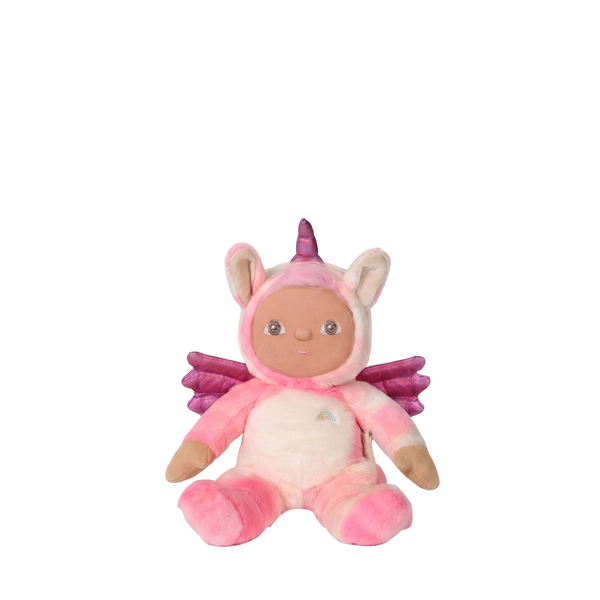 Plush toy baby doll in a pink unicorn costume on a white background