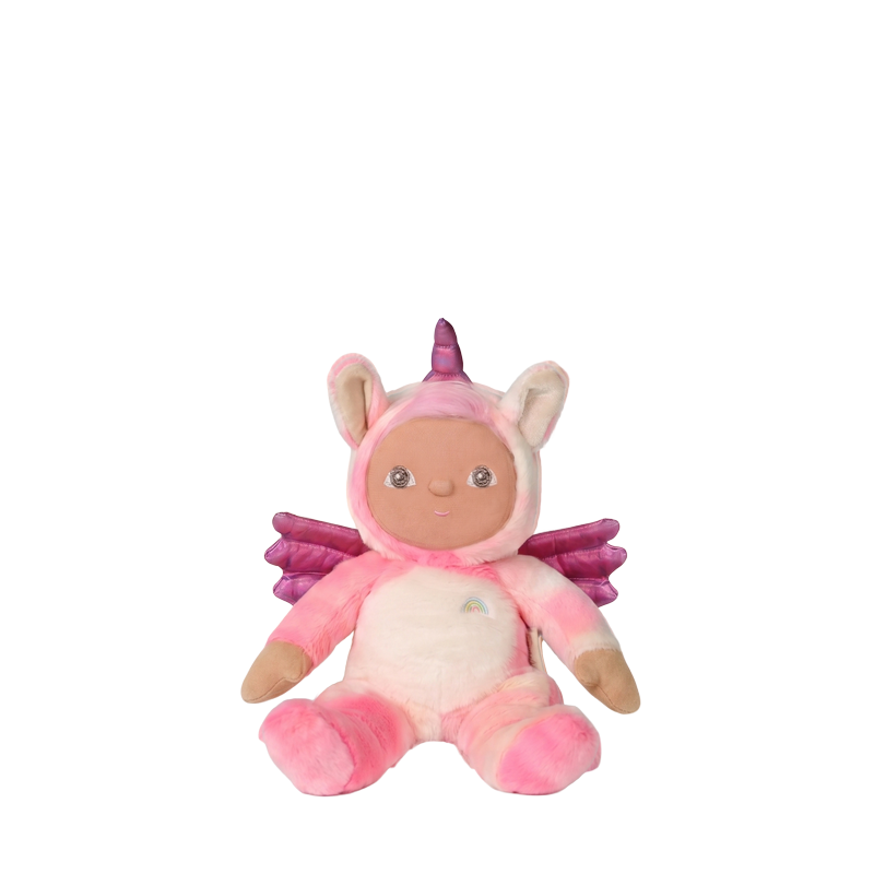 Plush toy baby doll in a pink unicorn costume on a white background