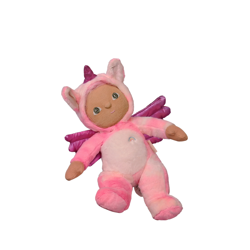 Pink Yuna Unicorn plush doll with a soft pastel body, unicorn horn, pink mane, wings, embroidered face, and rosy feet from Dinky Dinkums