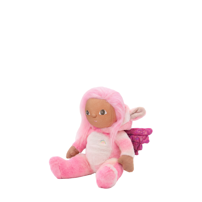 Dinky Dinkum Yuna Unicorn plush doll with soft pink hair, rainbow belly detail, pink wings and seated pose on a white background