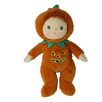Dinky Dinkum Jules Jack o Lantern plush doll in a pumpkin costume with a green leaf collar and cheerful carved face by Dinkum Dolls by Olli Ella