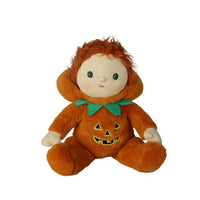 Dinky Dinkum Jules Jack o Lantern plush doll in a pumpkin costume with green collar, orange hair, rosy cheeks and embroidered jack o lantern face by Olli Ella