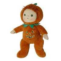 Orange pumpkin themed Dinky Dinkum doll with green leaf collar and jack o lantern face from Dinkum Dolls by Olli Ella for kids and toddlers