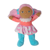 Dinky Dinkum Lottie Lollipop doll with pink hair, coral top, pink swirl skirt, white collar, and turquoise boots by Dinkum Dolls by Olli Ella