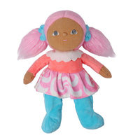 Dinky Dinkum Lottie Lollipop doll with pink pigtails, coral top, candy swirl skirt and turquoise legs, from Dinkum Dolls by Olli Ella
