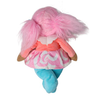 Dinky Dinkum Lottie Lollipop doll shown from behind with fluffy pink hair coral top swirled pink and white skirt turquoise legs and brown shoes by Dinkum Dolls by Olli Ella