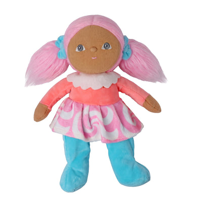 Dinky Dinkum Lottie Lollipop doll with pink pigtails, coral top, candy swirl skirt and turquoise legs, from Dinkum Dolls by Olli Ella
