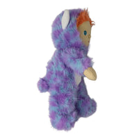 Purple and blue fuzzy Miles Monster doll with orange hair, a soft tail, and pointed ears shown in side profile by Dinkum Dolls by Olli Ella