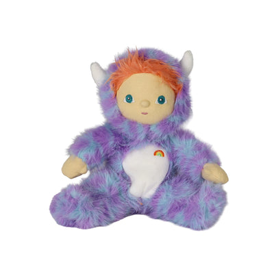 Purple and blue fuzzy Miles Monster plush doll with orange hair, soft horns, teal eyes, and a rainbow detail by Dinkum Dolls by Olli Ella