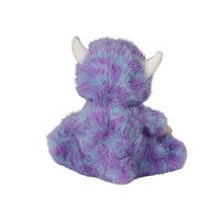 Back view of Miles Monster, a soft purple and blue fuzzy plush doll with two cream horns from Dinkum Dolls by Olli Ella