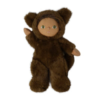 Brown furry Wesley Werewolf plush doll with rounded ears, green eyes, pink nose and tail from Dinkum Dolls by Olli Ella