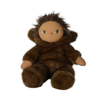 Brown furry werewolf doll with shaggy hair, green eyes, and a friendly face from Dinkum Dolls by Olli Ella